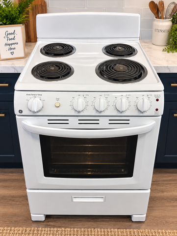 GE White Electric Coil Top Range – 4 Burner – Used