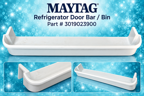 White refrigerator door bin part 3019023900 on aqua sparkle background