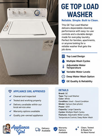 GE White Top Load Washer – Deep Water Wash – Large Capacity – Used