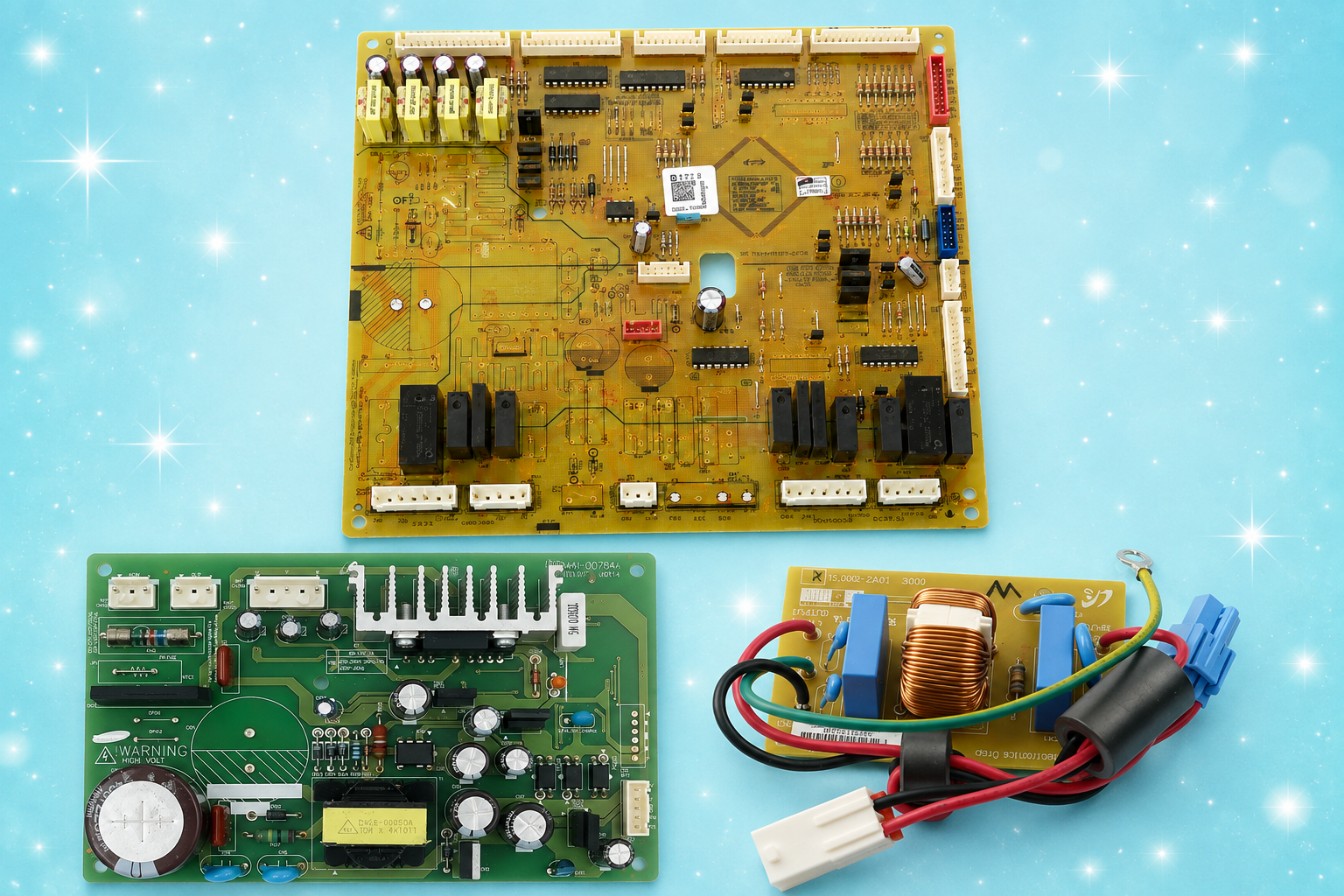 USED  Samsung Refrigerator Electronic Control Board Kit – DA92-00356B Main PCB, DA26-00050A Inverter Board, DA27-00019K Coil Filter & Power Cord – Tested OEM