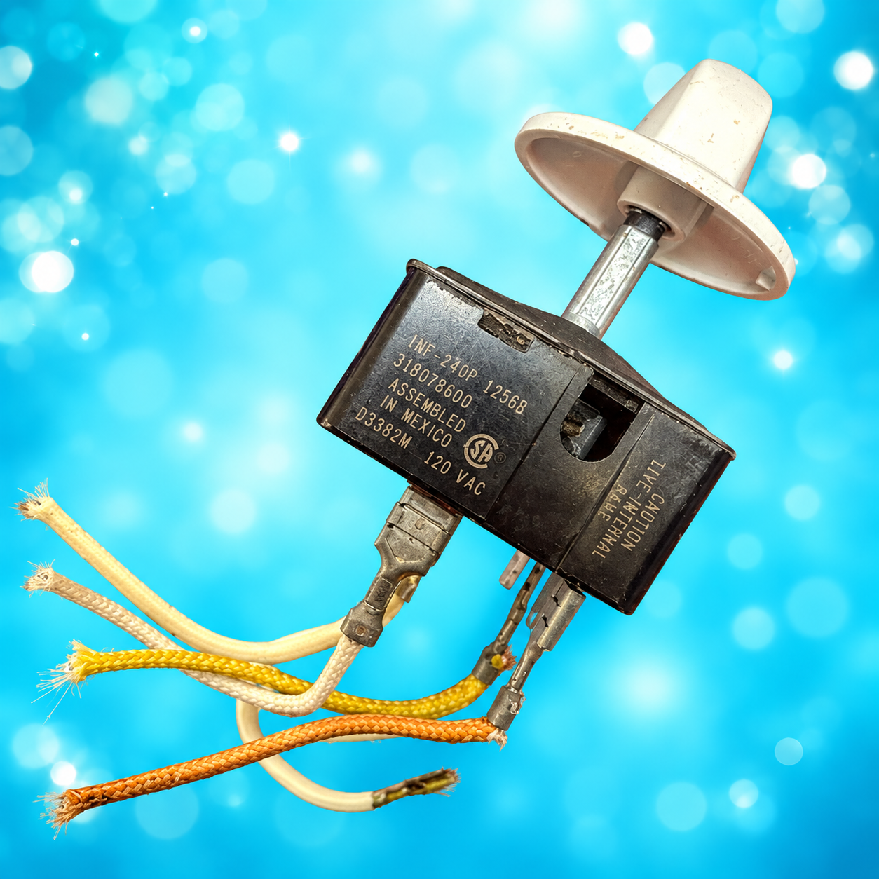 Used Frigidaire 318078800 infinite heat switch with knob and cut wire leads on aqua background