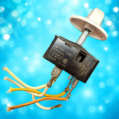 Used Frigidaire 318078800 infinite heat switch with knob and cut wire leads on aqua background