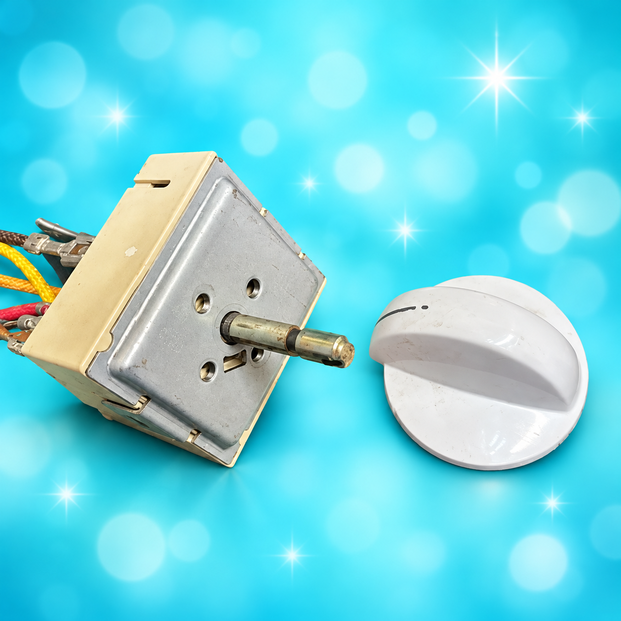 Frigidaire range surface element switch and white knob on aqua sparkle background