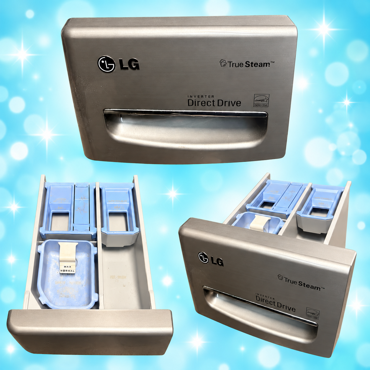 Three views of used LG WM2501HVA dispenser drawer with handle, dust removed from top edge