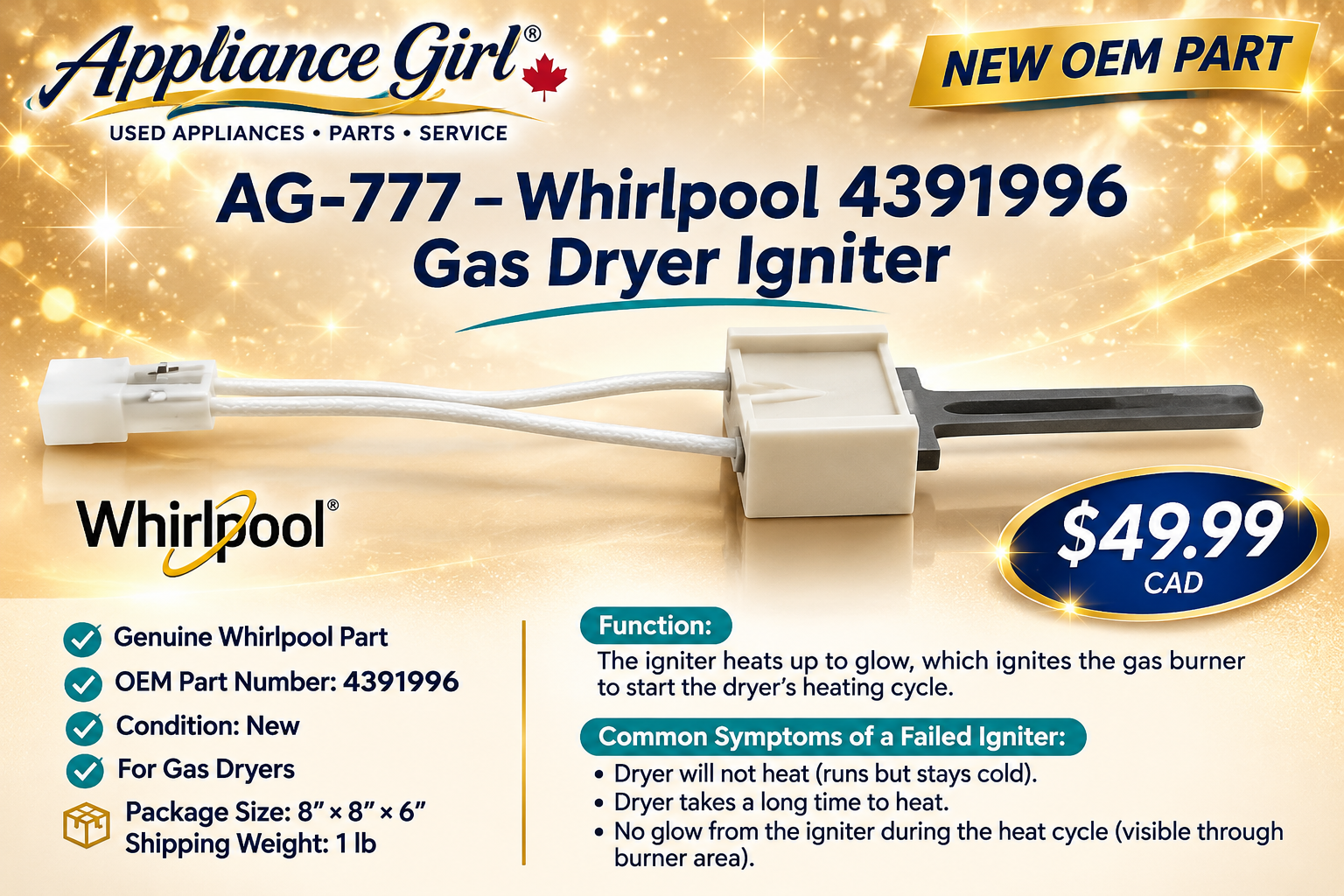 Whirlpool 4391996 new gas dryer igniter on gold sparkle background
