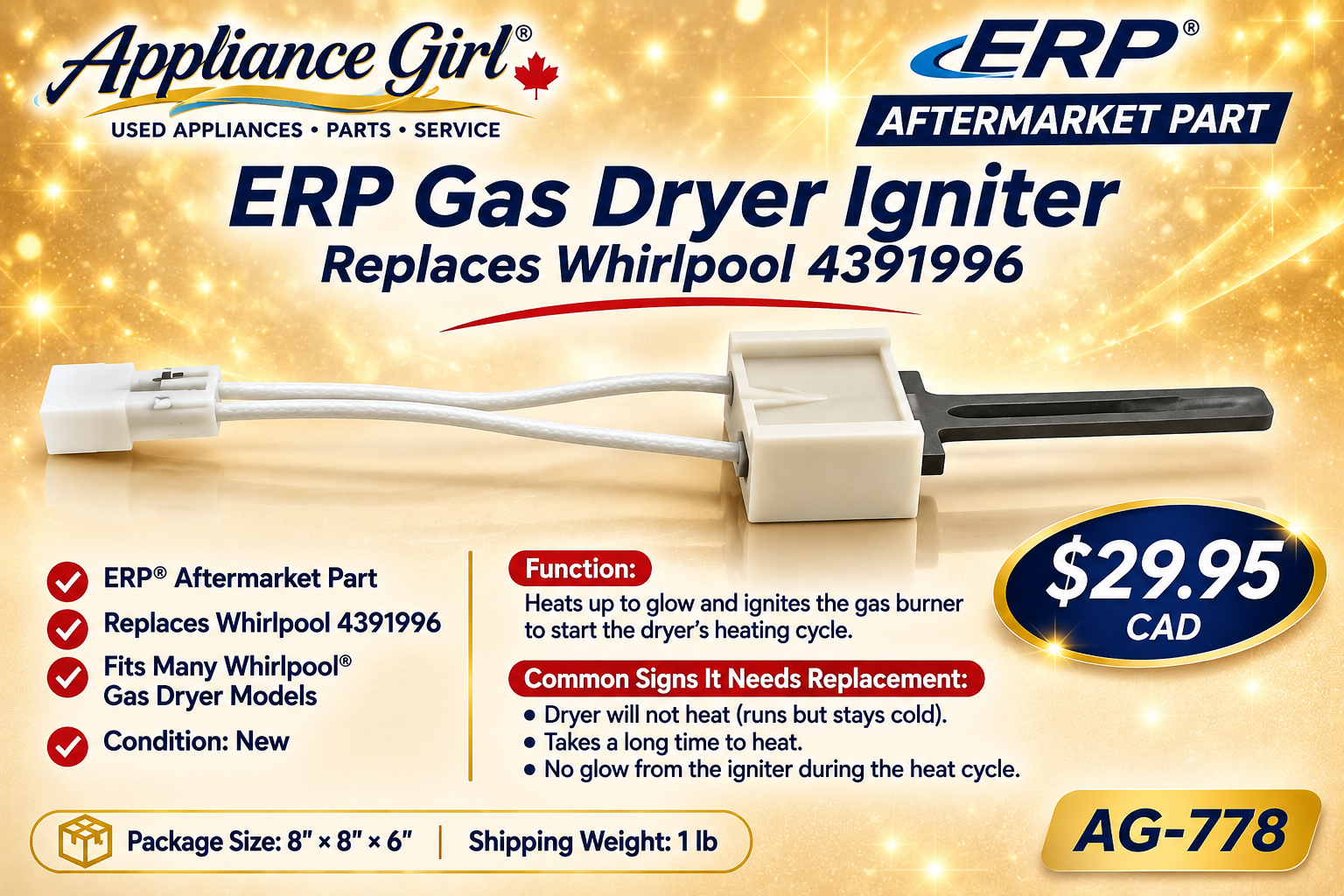 Illustrative ERP aftermarket gas dryer igniter replacing Whirlpool 4391996, gold background