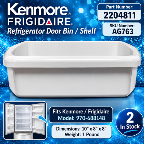 AG763 white refrigerator door bin part 2204811 on blue sparkle background