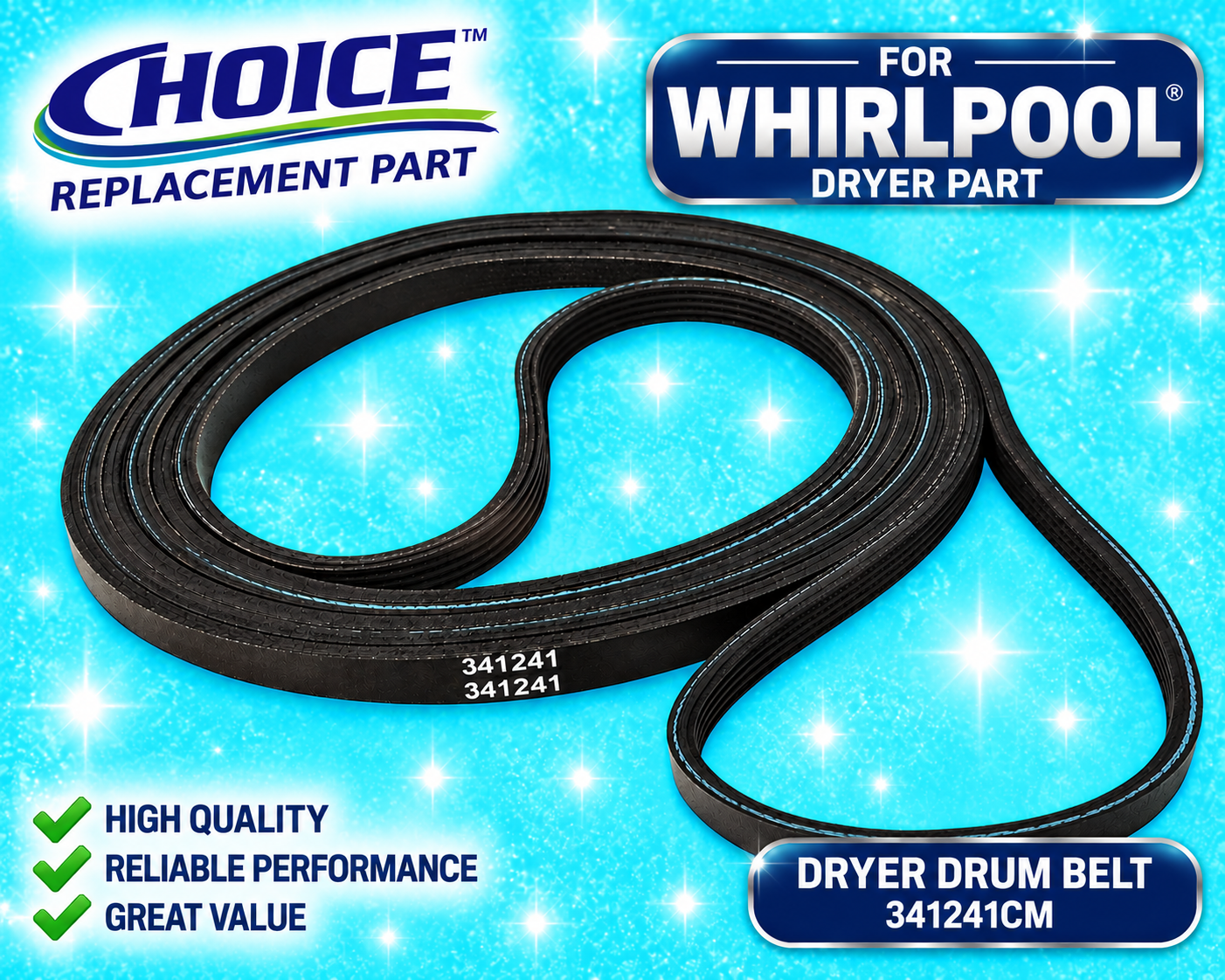 Choice Quality Aftermarket Replacement for Whirlpool 341241CM Dryer Drum Drive Belt – 92" 4-Rib – NEW
