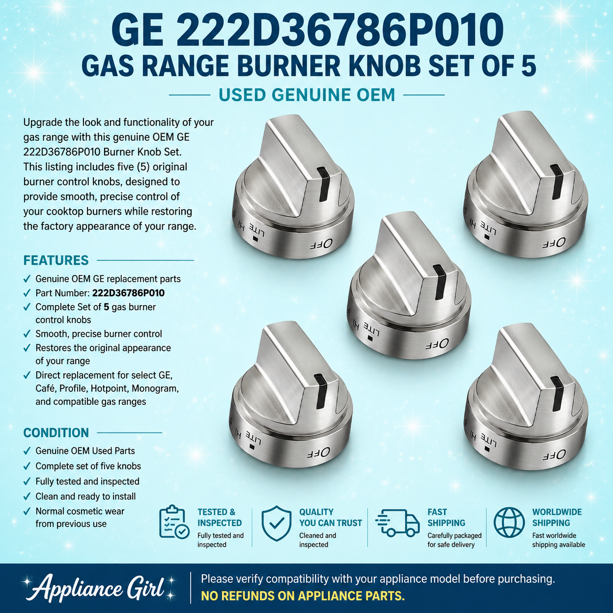 GE 222D36786P010 Gas Range Burner Knob Set of 5 – Used Genuine OEM