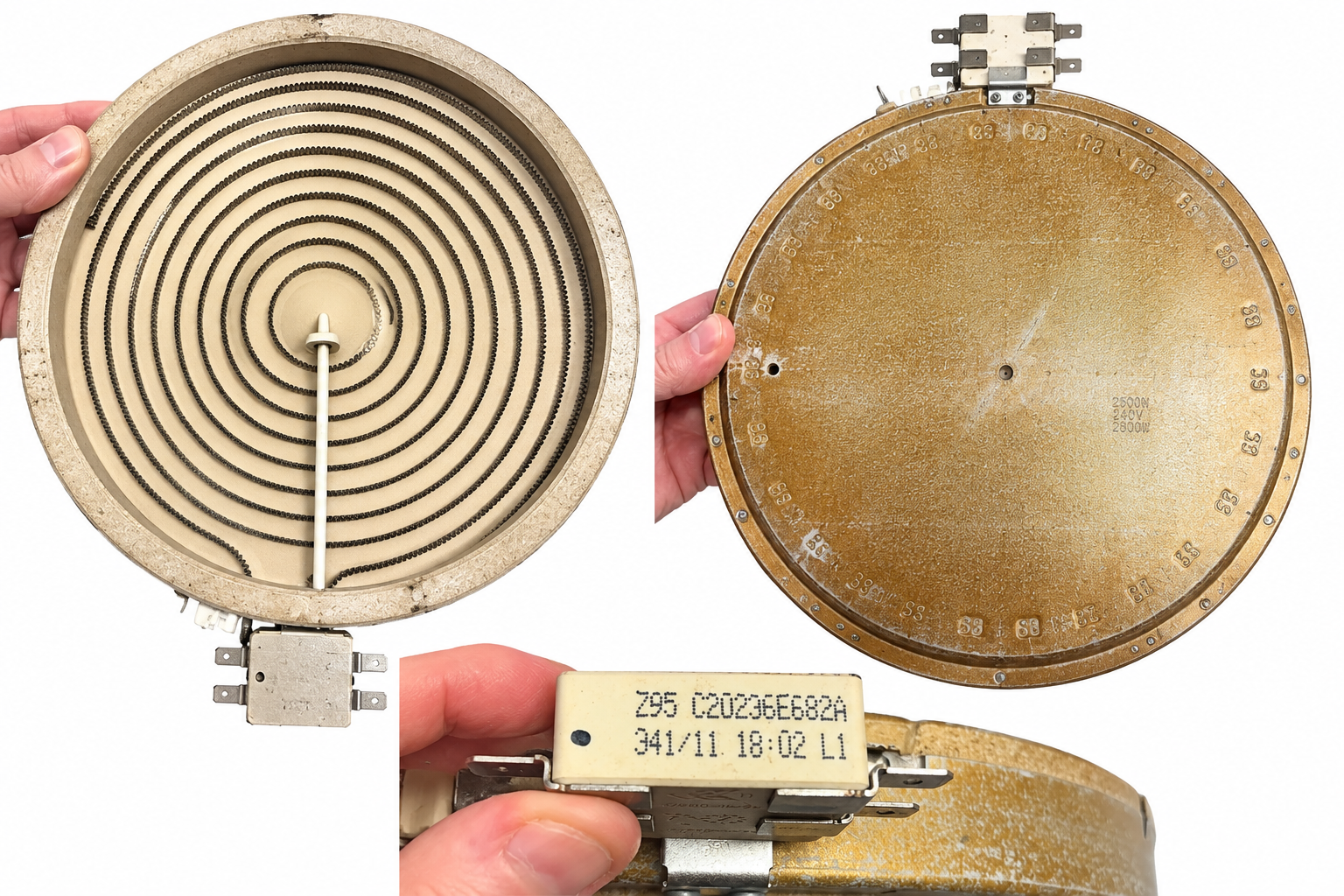 Composite of LG radiant stove element front, underside, and limiter on white background