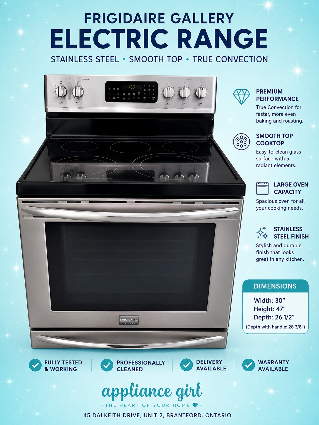 Used Frigidaire Gallery 30" Stainless Steel Smooth Top Electric Range – True Convection – Fully Tested