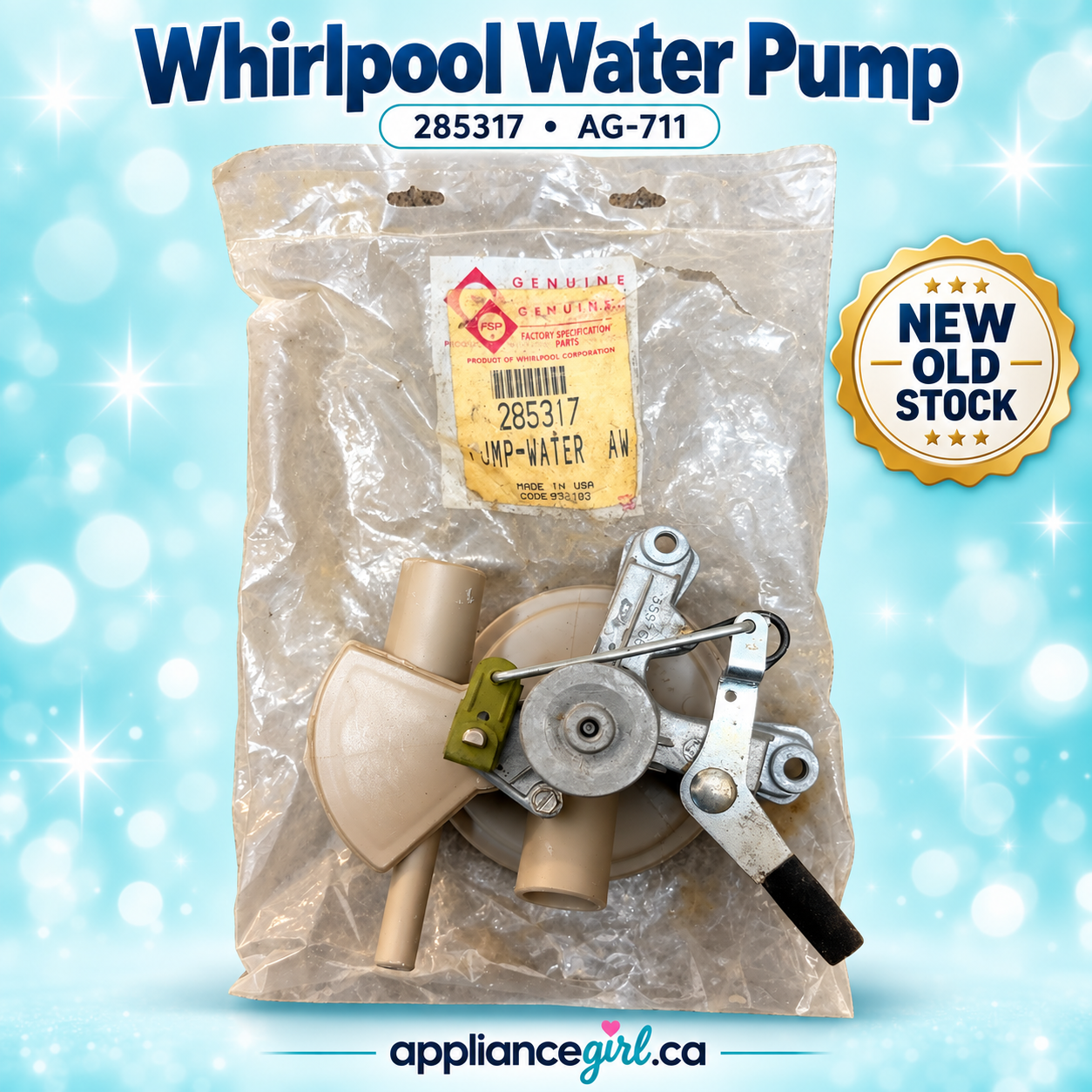 AG-711 Whirlpool FSP 285317 washer water pump, new old stock, on aqua sparkle background