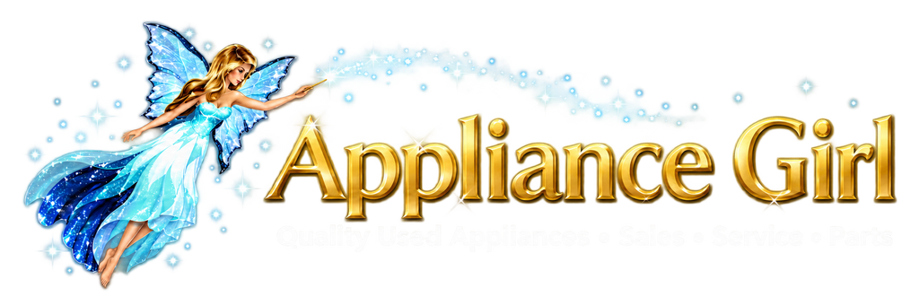 Appliance Girl gold logo with aqua fairy and white Quality Used Appliances • Sales • Service • Parts tagline on transparent background