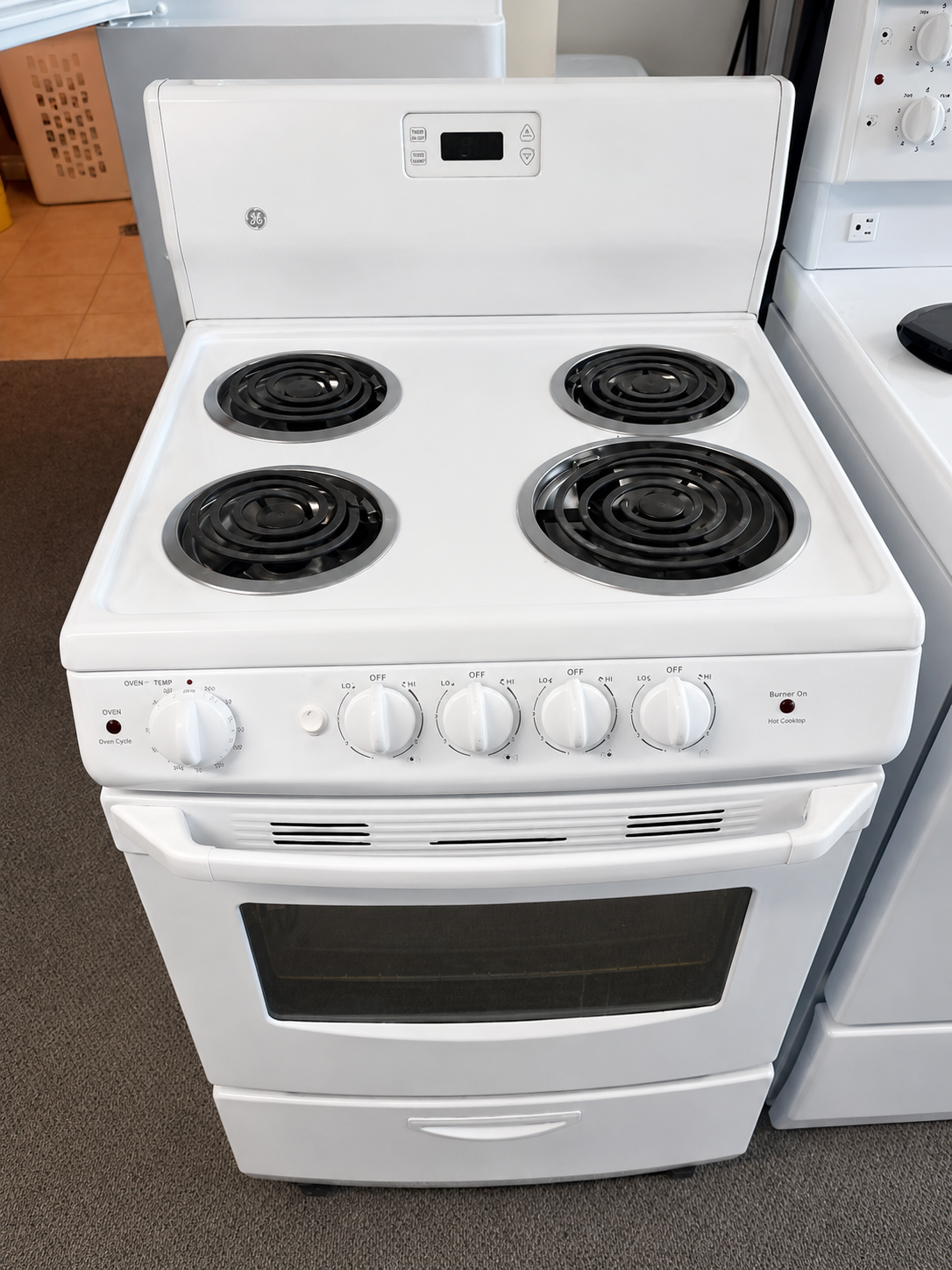 GE White 24" Electric Coil Top Range – Self-Cleaning Oven – Large Burner – Clean & Reliable