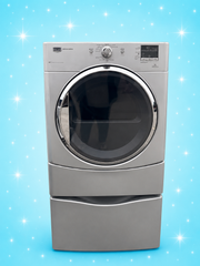 Maytag Bravos Series Front Load Dryer with Pedestal – Silver Fits Under Counters
