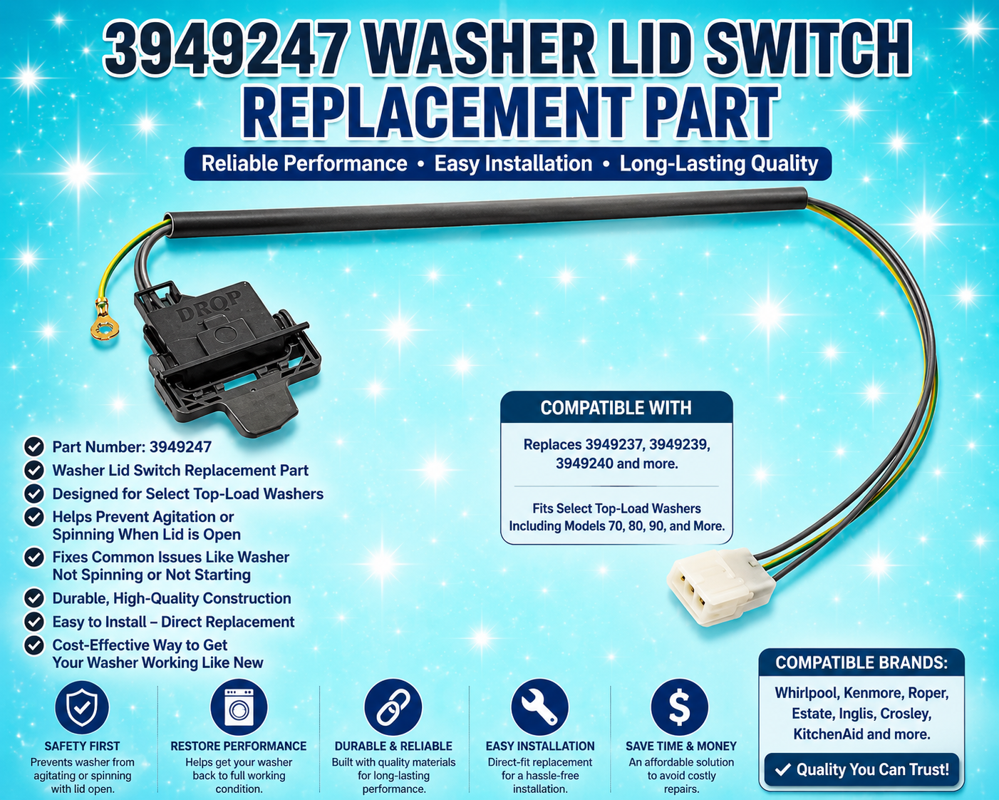 3949247 Washer Lid Switch Replacement Part for Whirlpool, Kenmore & Roper Washer