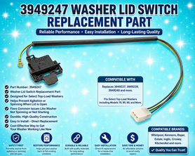 3949247 Washer Lid Switch Replacement Part for Whirlpool, Kenmore & Roper Washer