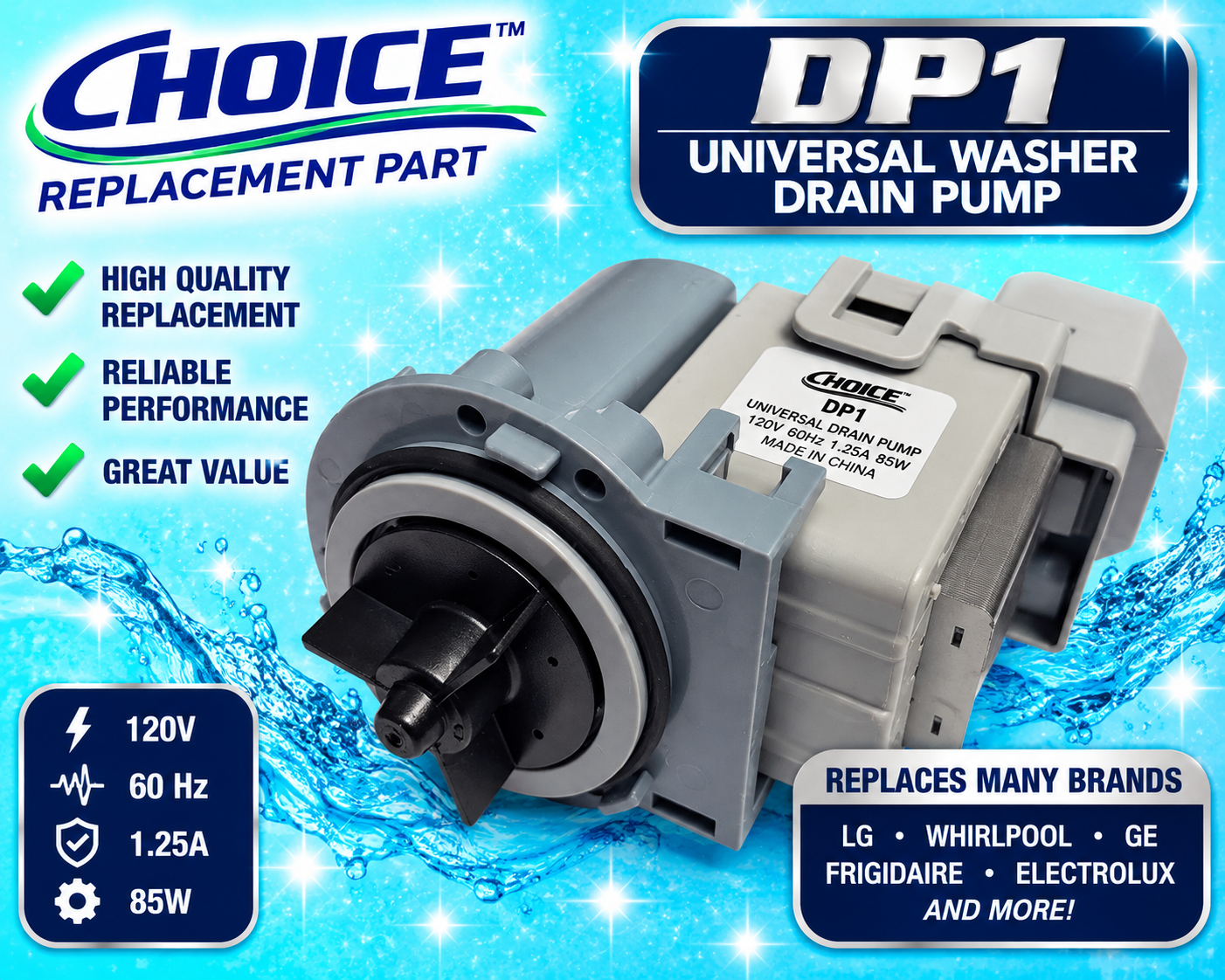 Choice DP1 Universal Washing Machine Drain Pump Motor – 120V – NEW