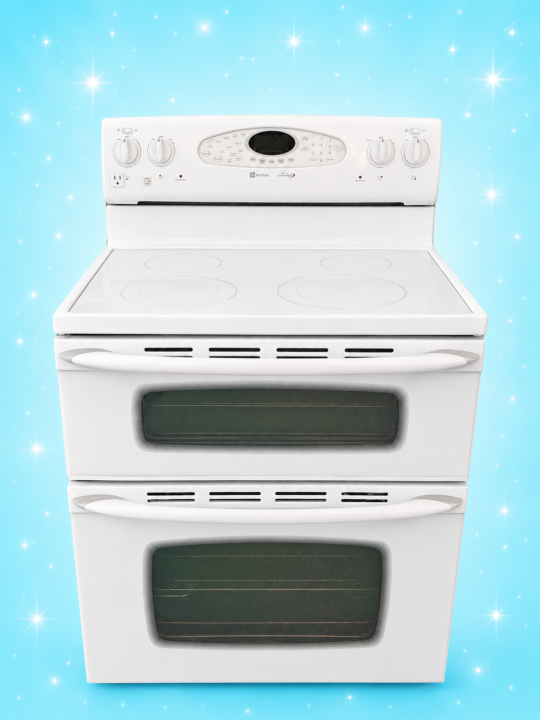 Maytag White Double Oven Glass Top Stove – Clean & Spacious Cooking Power