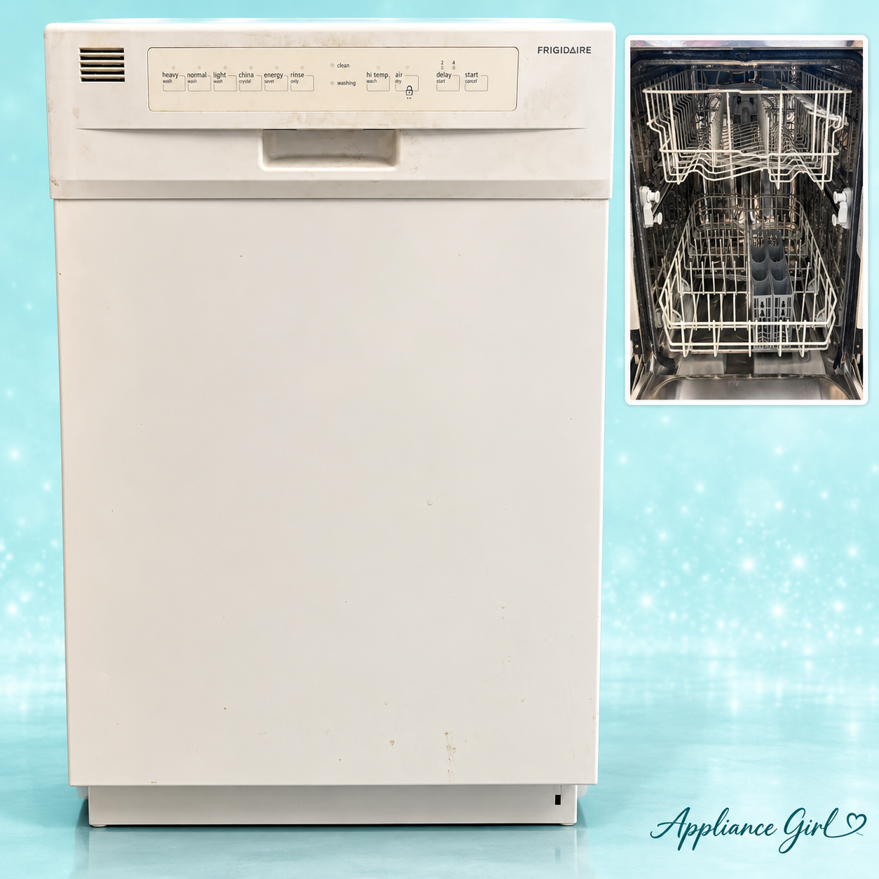 Used white Frigidaire 18-inch dishwasher on aqua Appliance Girl background with stainless interior inset