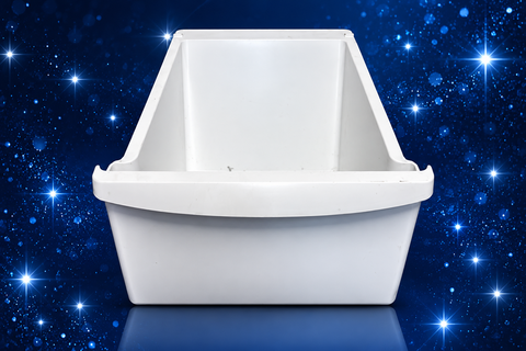 Used white Frigidaire refrigerator crisper drawer 240364500 on navy sparkle background