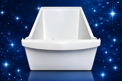Used white Frigidaire refrigerator crisper drawer 240364500 on navy sparkle background