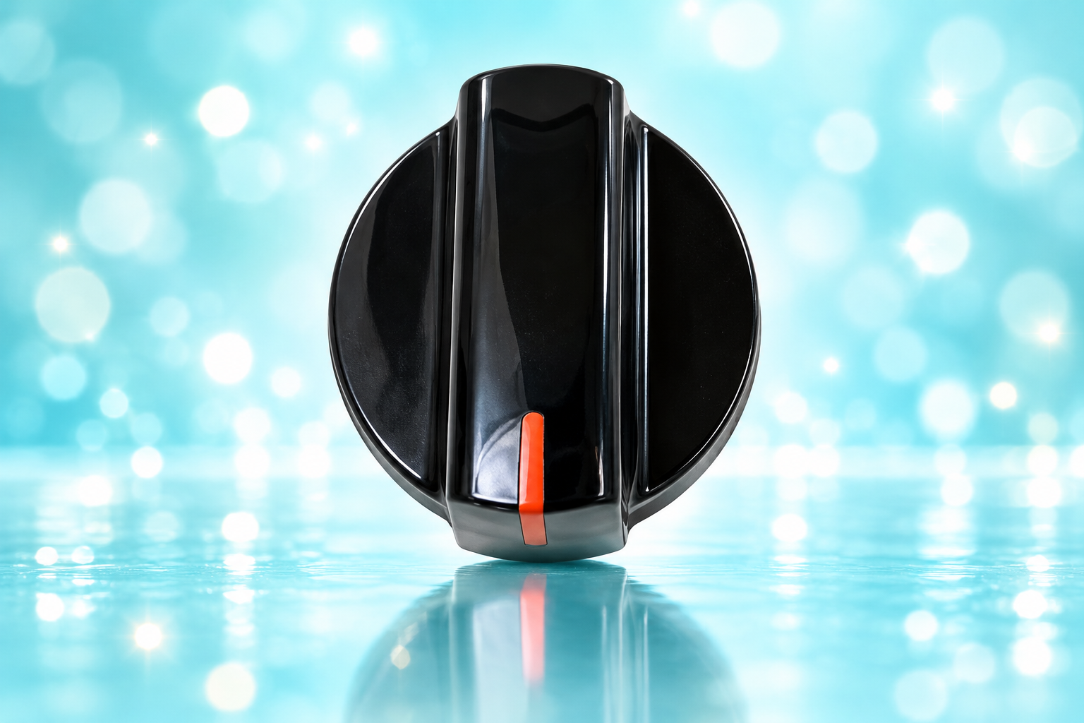 Frigidaire black range control knob on aqua background