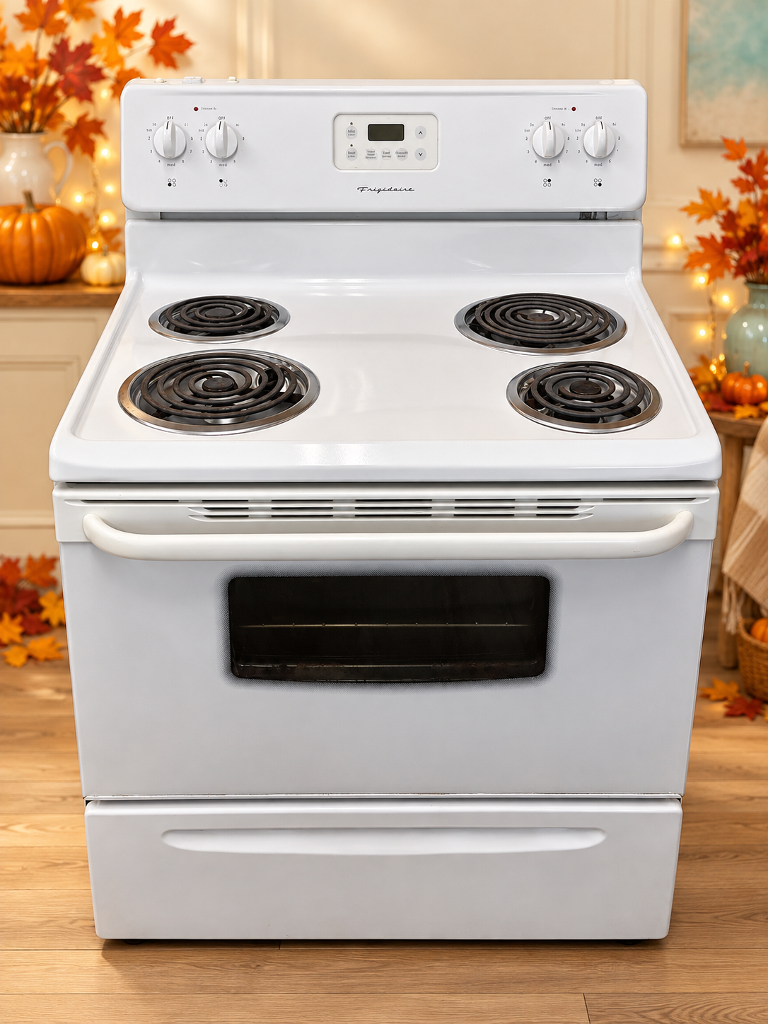 Used white Frigidaire 30-inch electric coil stove with Thanksgiving background