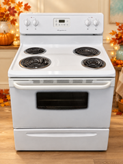 Used white Frigidaire 30-inch electric coil stove with Thanksgiving background