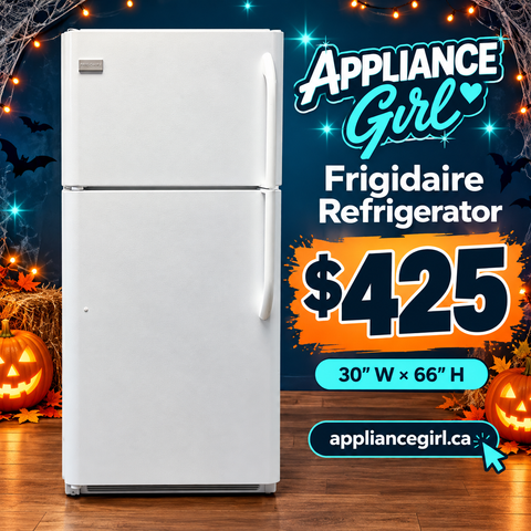 Frigidaire white refrigerator, $425, 30 inches wide by 66 inches tall — Halloween image, digitally cleaned