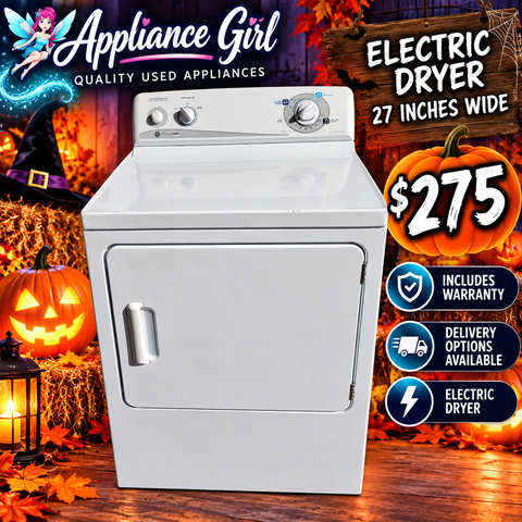 GE white 27 inch electric dryer on Halloween background $275