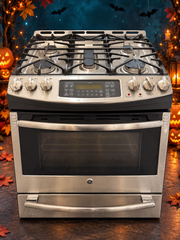 GE 30-inch gas stove on Halloween background