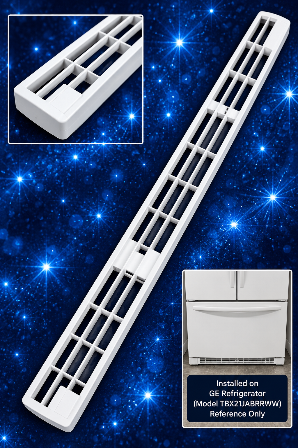 White GE WR74X269 kickplate grille for donor refrigerator TBX21JABRRWW