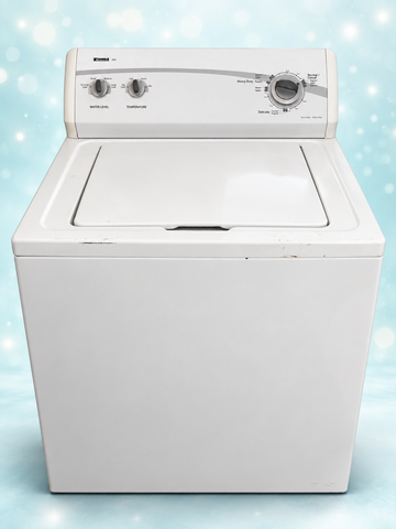 Used white Kenmore 400 top-load washer on aqua background