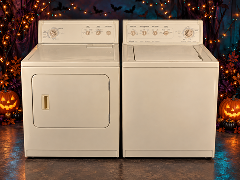 Matching bisque Kenmore washer and dryer set on Halloween background