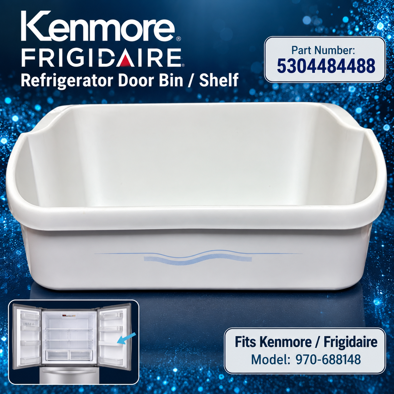 White Kenmore Frigidaire refrigerator door bin on blue sparkle background