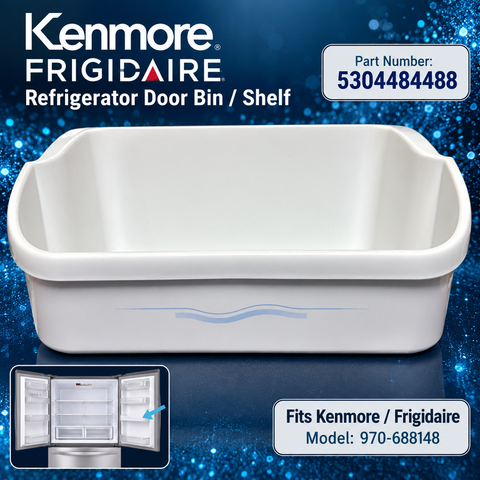 White Kenmore Frigidaire refrigerator door bin on blue sparkle background