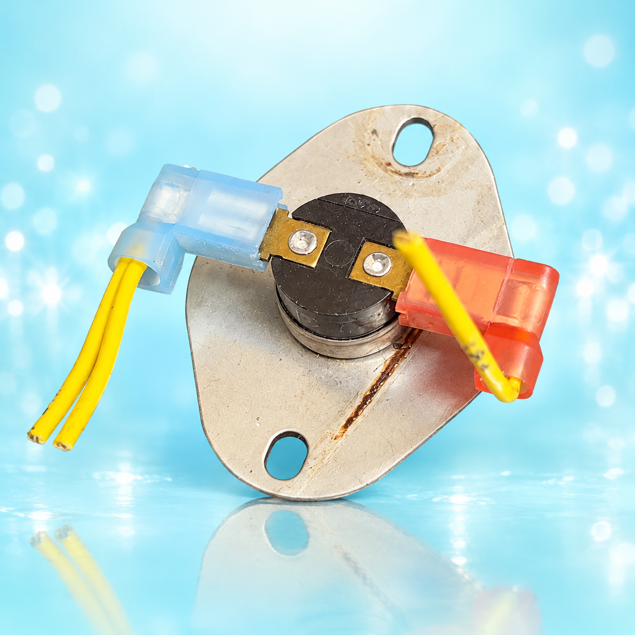 Used 9751984 cooling fan thermostat on light aqua background