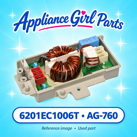 LG 6201EC1006T AG-760 — reference image only, used OEM noise filter assembly on aqua sparkle background