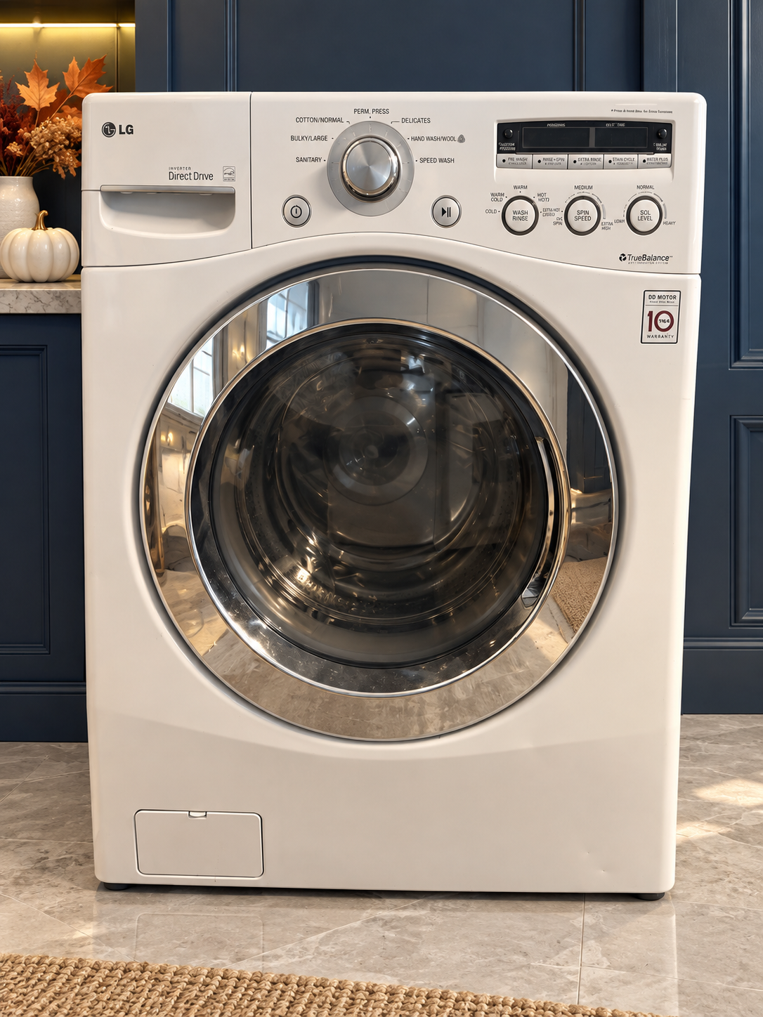Used white LG 27-inch front-load washer on navy autumn background