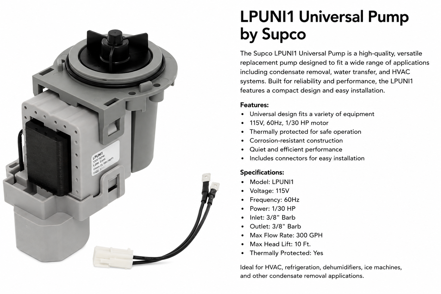 Supco LPUNI1 Universal Washer Drain Pump Replacement -NEW