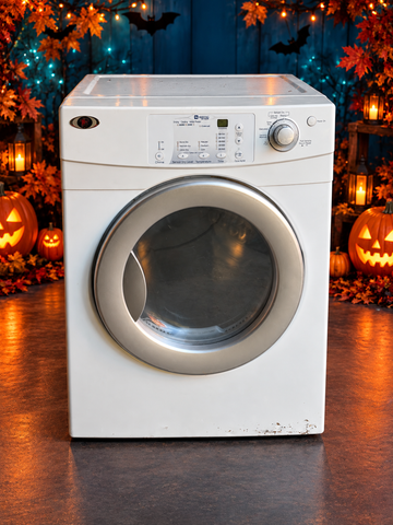 Maytag 27-inch front load dryer on Halloween background