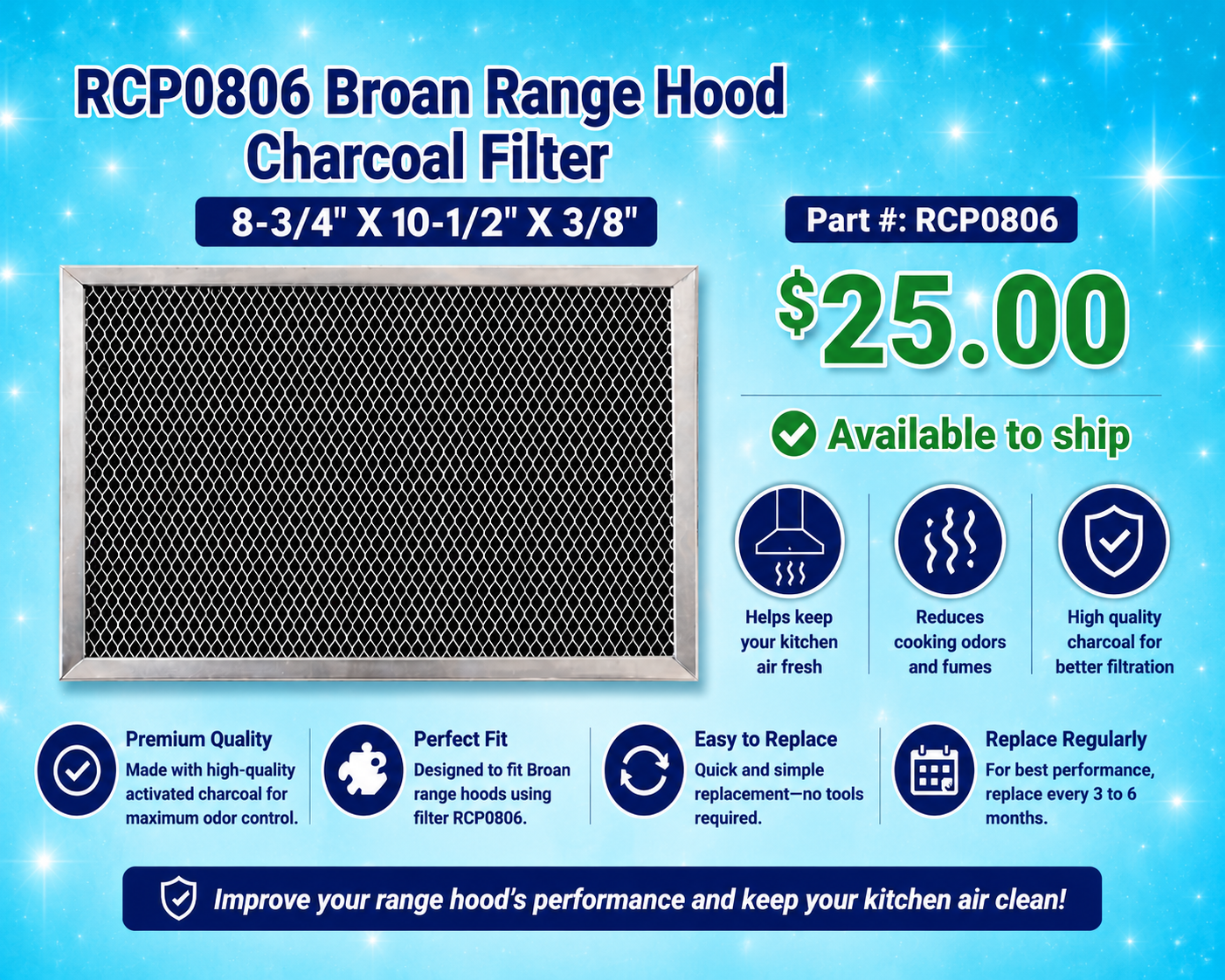 RCP0806 Broan Range Hood Charcoal Filter, 8-3/4" X 10-1/2" X 3/8"
