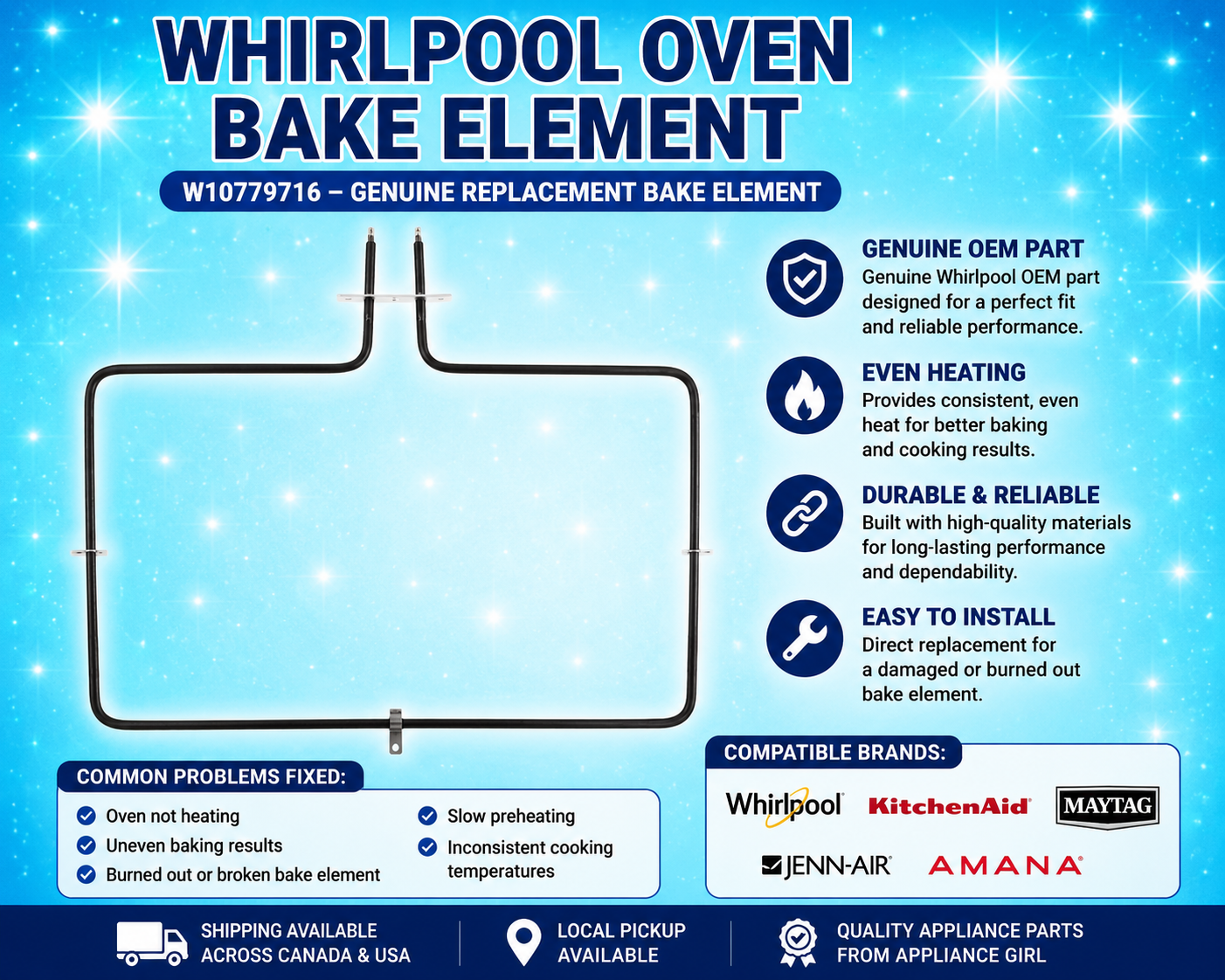 Whirlpool Oven Bake Element W10779716 – Genuine Replacement Bake Element NEW