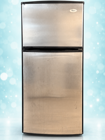 Used Whirlpool 28-inch top-freezer refrigerator with silver doors and black trim