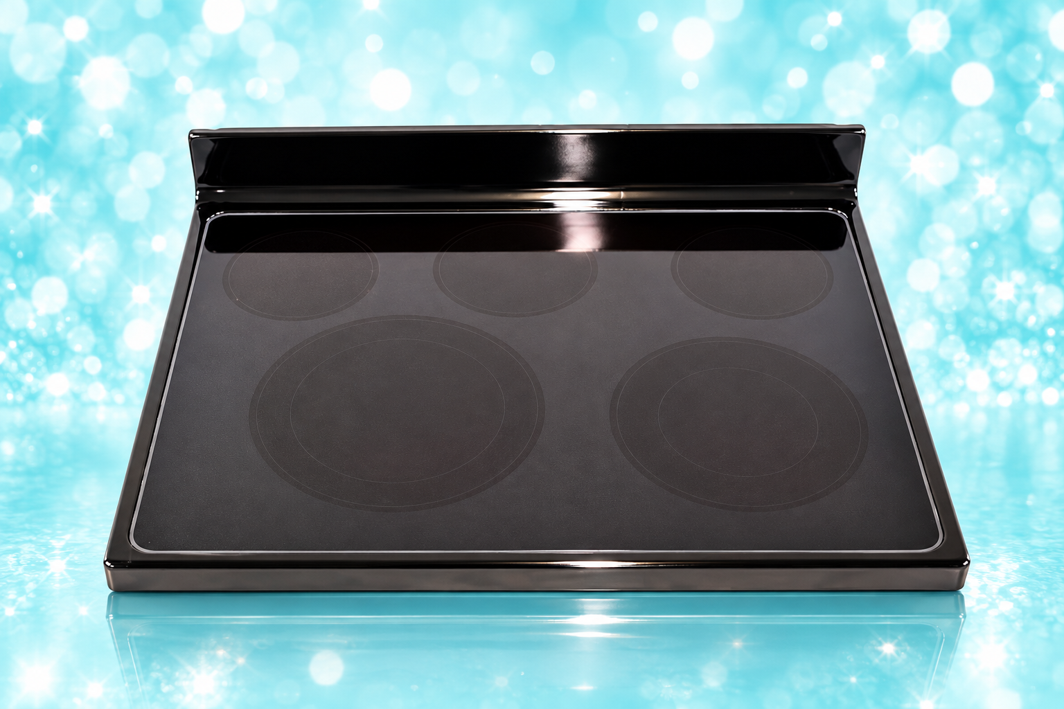 Whirlpool W10872562 black glass range cooktop on aqua background