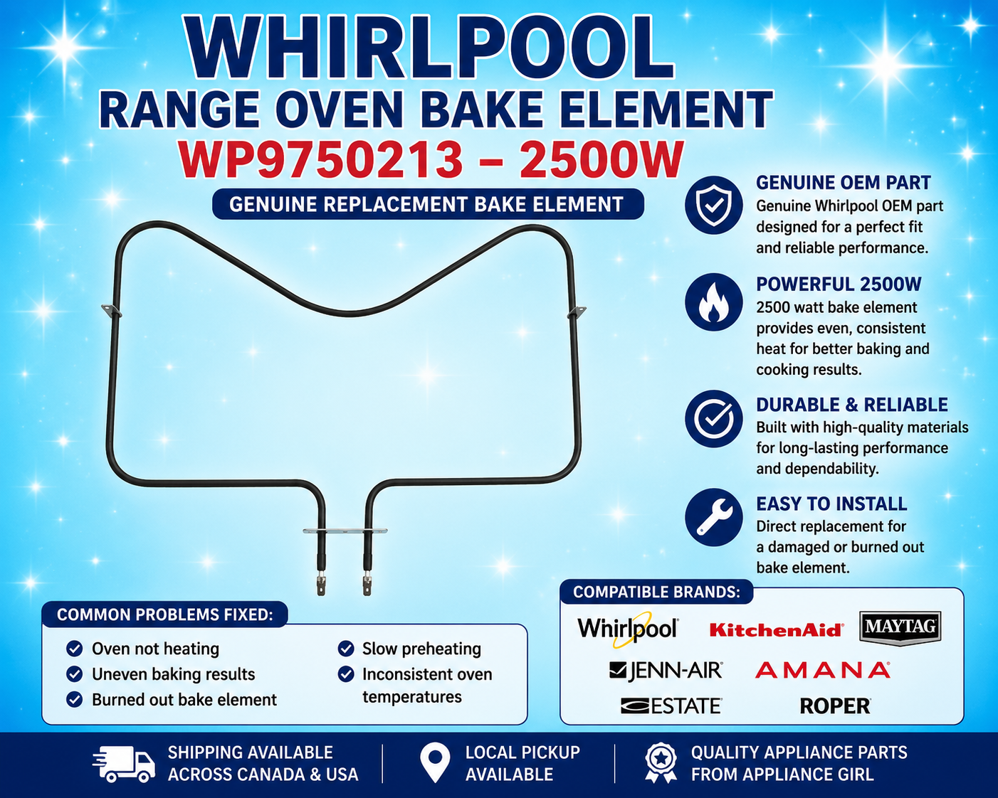 Whirlpool WP9750213 Range Oven Bake Element 2500W – Genuine Replacement Part NEW